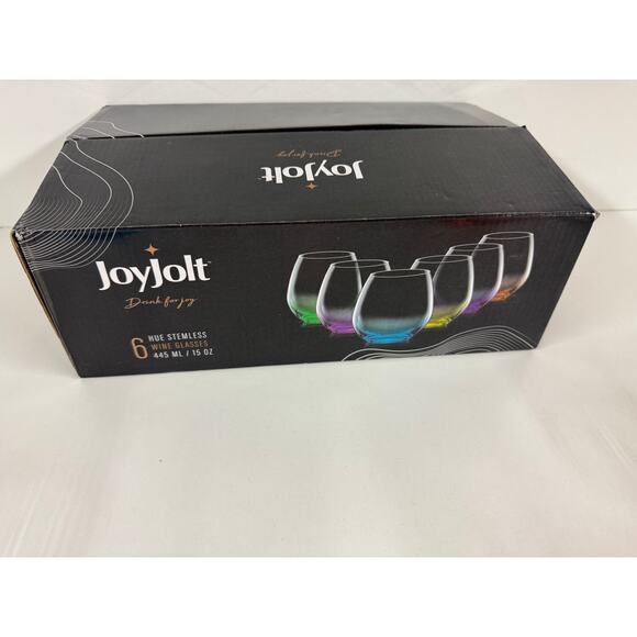 Joy Jolt 6 Hue Stemless Wine Glass Set 15 Oz Stemless Set Of 6 Short Large - Picture 1 of 7